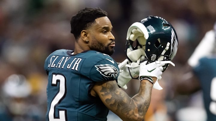 Feb 9, 2025; New Orleans, LA, USA; Philadelphia Eagles cornerback Darius Slay Jr. (2) against the Kansas City Chiefs during Super Bowl LIX at Ceasars Superdome. Mandatory Credit: Mark J. Rebilas-Imagn Images