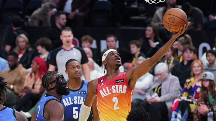 Feb 19, 2023; Salt Lake City, UT, USA; Team Giannis guard Shai Gilgeous-Alexander (2) shoots against