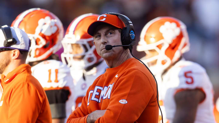 Dec 21, 2024; Austin, Texas, USA; Clemson Tigers head coach Dabo Swinney reacts against the Texas Longhorns during the CFP National playoff first round at Darrell K Royal-Texas Memorial Stadium. Dec 21, 2024; Austin, Texas, USA; Clemson Tigers head coach Dabo Swinney reacts against the Texas Longhorns during the CFP National playoff first round at Darrell K Royal-Texas Memorial Stadium.