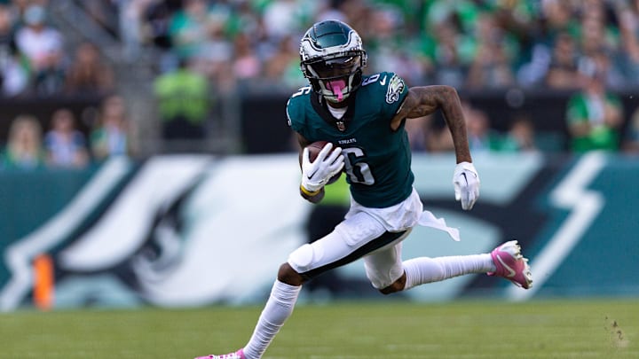 Oct 13, 2024; Philadelphia, Pennsylvania, USA; Philadelphia Eagles wide receiver DeVonta Smith (6) runs for a touchdown after catching the ball against the Cleveland Browns during the fourth quarter at Lincoln Financial Field. Mandatory Credit: Bill Streicher-Imagn Images