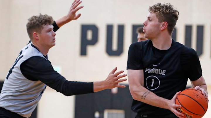 Purdue Boilermakers guard Sam King defends Purdue Boilermakers forward Caleb Furst (1) during practice. Purdue Boilermakers guard Sam King defends Purdue Boilermakers forward Caleb Furst (1) during practice.