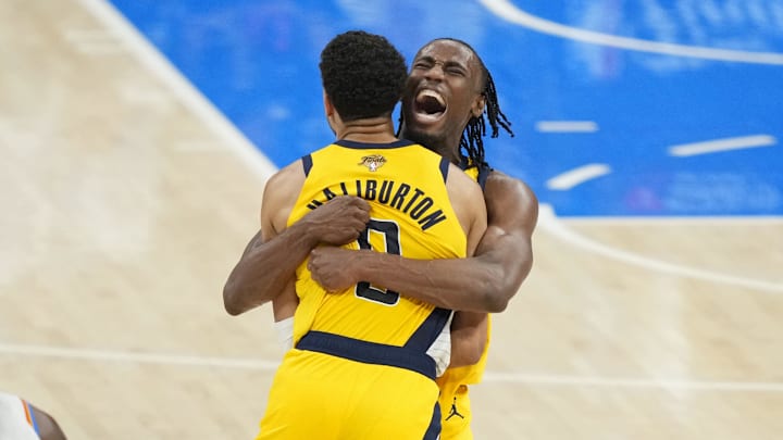 Jun 5, 2025: Indiana Pacers forward Aaron Nesmith and guard Tyrese Haliburton celebrate after the game-winning shot.