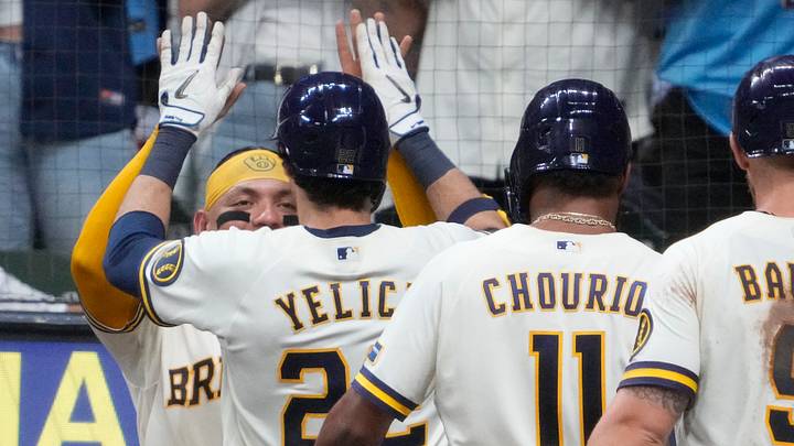 Aug 18, 2026; Milwaukee, Wisconsin, USA; Milwaukee Brewers catcher William Contreras (24) congratulates designated hitter Christian Yelich (22) after hitting a home run against the Seattle Mariners in the fifth inning at American Family Field. Mandatory Credit: Michael McLoone-Imagn Images Aug 18, 2026; Milwaukee, Wisconsin, USA; Milwaukee Brewers catcher William Contreras (24) congratulates designated hitter Christian Yelich (22) after hitting a home run against the Seattle Mariners in the fifth inning at American Family Field. Mandatory Credit: Michael McLoone-Imagn Images
