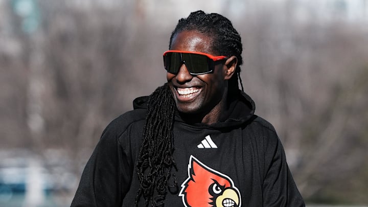 Louisville Wide Receivers Coach Deion Branch during practice outside the Trager Center in Louisville, Ky. on Mar. 1, 2025.
