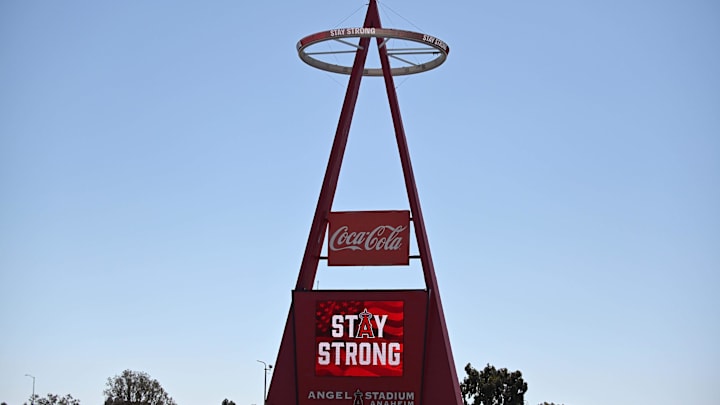 Apr 15, 2020; Anaheim, California, USA; The Big A sign halo displays \"Stay Strong\" message at Angel Stadium of Anaheim amid the global coronavirus COVID-19 pandemic. Mandatory Credit: Kirby Lee-USA TODAY NETWORK Apr 15, 2020; Anaheim, California, USA; The Big A sign halo displays \"Stay Strong\" message at Angel Stadium of Anaheim amid the global coronavirus COVID-19 pandemic. Mandatory Credit: Kirby Lee-USA TODAY NETWORK