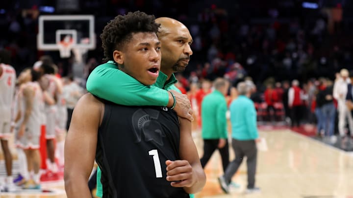 Jan 3, 2025; Columbus, Ohio, USA; Michigan State Spartans guard Jeremy Fears Jr. (1) celebrates after the game against the Ohio State Buckeyes at Value City Arena. Mandatory Credit: Joseph Maiorana-Imagn Images Jan 3, 2025; Columbus, Ohio, USA; Michigan State Spartans guard Jeremy Fears Jr. (1) celebrates after the game against the Ohio State Buckeyes at Value City Arena. Mandatory Credit: Joseph Maiorana-Imagn Images