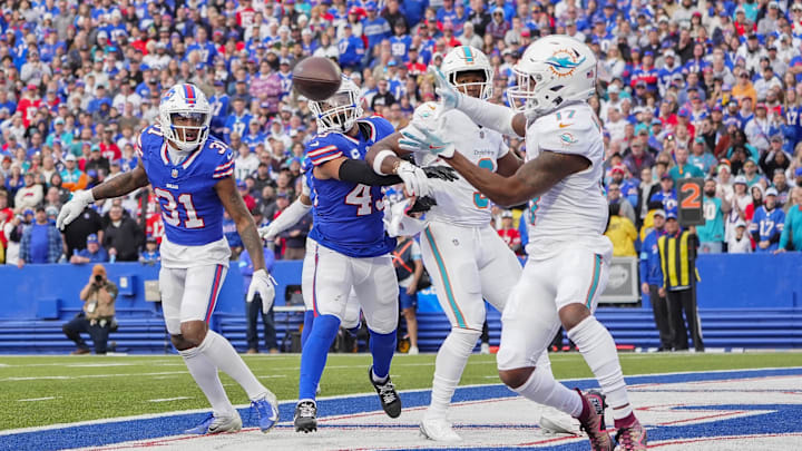 Miami Dolphins wide receiver Jaylen Waddle (17) makes a catch for a touchdown against the Buffalo Bills during the second half at Highmark Stadium last season.