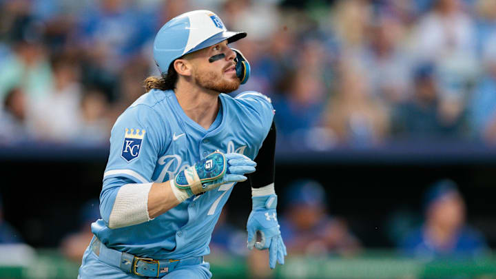Sep 20, 2025; Kansas City, Missouri, USA; Kansas City Royals shortstop Bobby Witt Jr. (7) runs to first base during the fifth inning against the Toronto Blue Jays at Kauffman Stadium. Mandatory Credit: William Purnell-Imagn Images Sep 20, 2025; Kansas City, Missouri, USA; Kansas City Royals shortstop Bobby Witt Jr. (7) runs to first base during the fifth inning against the Toronto Blue Jays at Kauffman Stadium. Mandatory Credit: William Purnell-Imagn Images