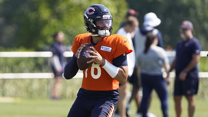 Jul 27, 2024; Lake Forest, IL, USA; Chicago Bears quarterback Caleb Williams (18) throws a pass during Chicago Bears Training Camp at Halas Hall.