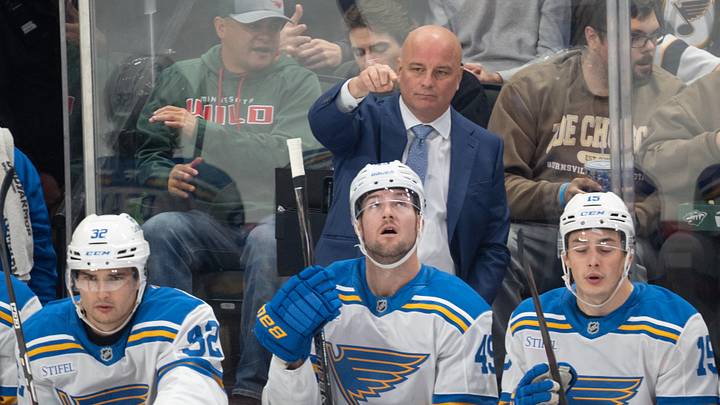 Oct 15, 2026; Saint Paul, Minnesota, USA; St. Louis Blues head coach Jim Montgomery directs players against the Minnesota Wild in the second period at Grand Casino Arena. Mandatory Credit: Matt Blewett-Imagn Images Oct 15, 2026; Saint Paul, Minnesota, USA; St. Louis Blues head coach Jim Montgomery directs players against the Minnesota Wild in the second period at Grand Casino Arena. Mandatory Credit: Matt Blewett-Imagn Images