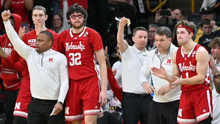 Mar 5, 2023; Iowa City, Iowa, USA; Nebraska Cornhuskers forward Wilhelm Breidenbach (32) and guard