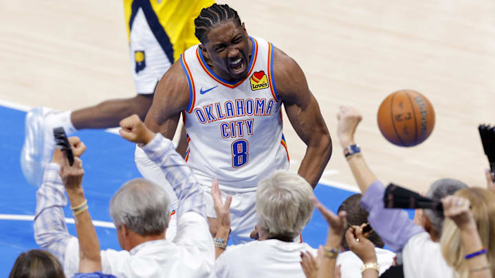 Jun 5, 2025; Oklahoma City, Oklahoma, USA; Oklahoma City Thunder forward Jalen Williams (8) celebrates after dunking the ball against the Indiana Pacers during the fourth quarter during game one of the 2025 NBA Finals at Paycom Center. Mandatory Credit: Alonzo Adams-Imagn Images