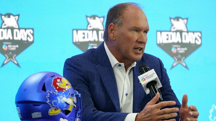 Jul 9, 2025; Frisco, TX, USA; Kansas head coach Lance Leipold speaks with the media during 2025 Big 12 Football Media Days at The Star. Mandatory Credit: Raymond Carlin III-Imagn Images