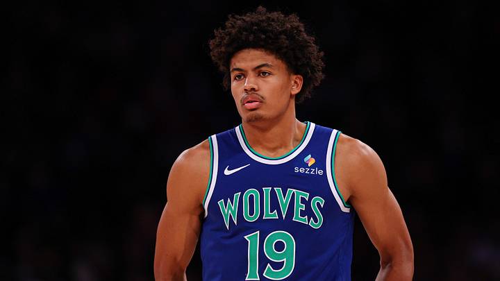 Oct 12, 2026; New York, New York, USA;  Minnesota Timberwolves power forward Joan Beringer (19) looks up court during the first half against the New York Knicks at Madison Square Garden.  Mandatory Credit: Vincent Carchietta-Imagn Images