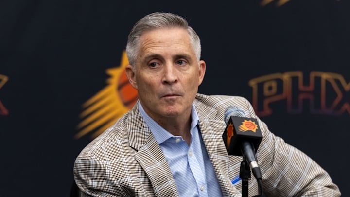 Jun 10, 2025; Scottsdale, AZ, USA; Phoenix Suns general manager Brian Gregory during an introductory press conference at the Verizon 5g Performance Center. Mandatory Credit: Mark J. Rebilas-Imagn Images