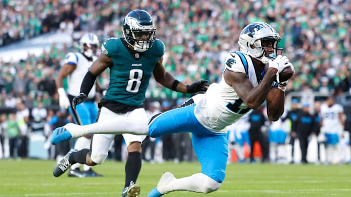 Dec 8, 2024; Philadelphia, Pennsylvania, USA;  Carolina Panthers wide receiver Xavier Legette (17) is unable to catch a long pass in front of Philadelphia Eagles safety C.J. Gardner-Johnson (8) in the final minute of the game at Lincoln Financial Field. Mandatory Credit: Bill Streicher-Imagn Images