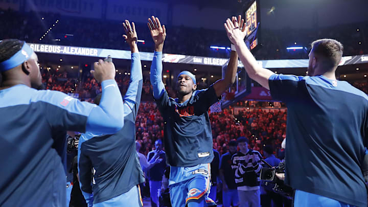 Dec 31, 2024; Oklahoma City, Oklahoma, USA; Oklahoma City Thunder guard Shai Gilgeous-Alexander (2) during introductions before a game against the Minnesota Timberwolves at Paycom Center. Mandatory Credit: Alonzo Adams-Imagn Images