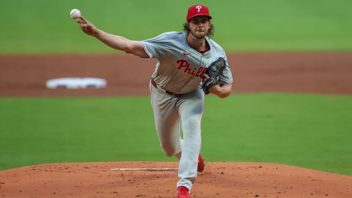 Jul 5, 2024; Atlanta, Georgia, USA; Philadelphia Phillies starting pitcher Aaron Nola.