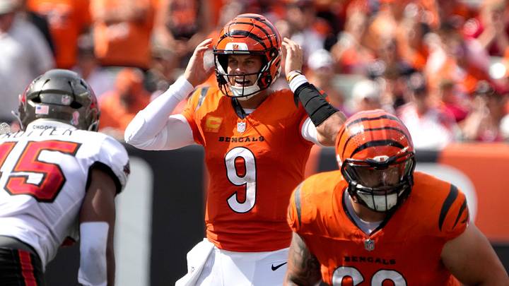 Cincinnati Bengals quarterback Joe Burrow (9) yells out instructions to his teammates during home opener against the Tampa Bay Buccaneers at Paycor Stadium on September 13, 2026. The Bengals beat the Buccaneers 27-33. Cincinnati Bengals quarterback Joe Burrow (9) yells out instructions to his teammates during home opener against the Tampa Bay Buccaneers at Paycor Stadium on September 13, 2026. The Bengals beat the Buccaneers 27-33.