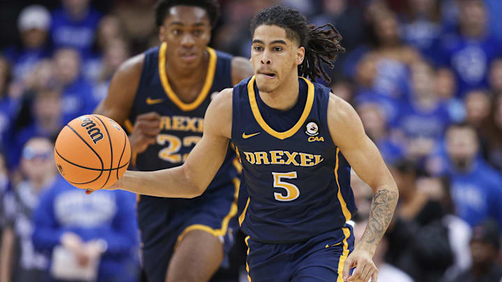 Dec 14, 2022; Newark, New Jersey, USA; Drexel Dragons guard Kobe Magee (5) dribbles up court against the Seton Hall Pirates during the first half at Prudential Center. Mandatory Credit: Vincent Carchietta-Imagn Images