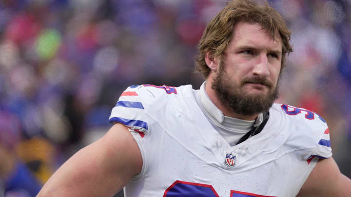 Buffalo Bills defensive end Joey Bosa watches the offensive line on the field during second half action against the Tampa Bay Buccaneers on Nov 16, 2025 at Highmark Stadium in Orchard Park. Buffalo Bills defensive end Joey Bosa watches the offensive line on the field during second half action against the Tampa Bay Buccaneers on Nov 16, 2025 at Highmark Stadium in Orchard Park.