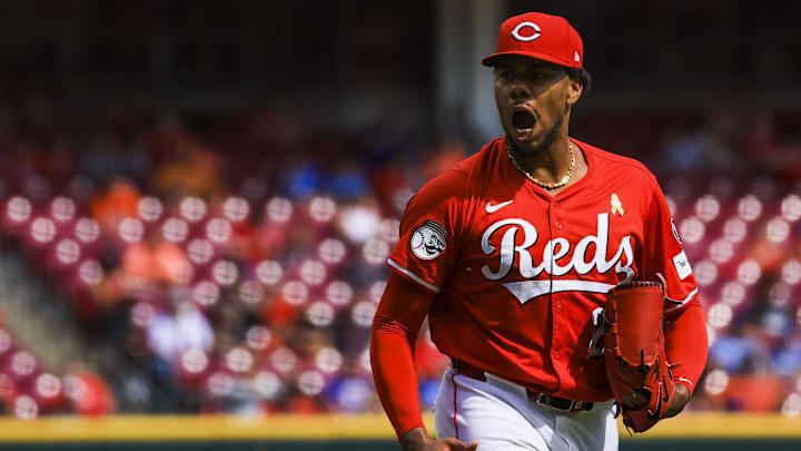 Sep 7, 2025; Cincinnati, Ohio, USA; Cincinnati Reds starting pitcher Hunter Greene (21) reacts after a play in the seventh inning against the New York Mets at Great American Ball Park. Mandatory Credit: Katie Stratman-Imagn Images