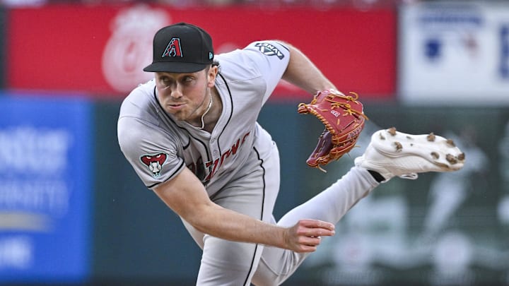 Apr 22, 2024; St. Louis, Missouri, USA; Arizona Diamondbacks starting pitcher Brandon Pfaadt (32) pitches against the St. Louis Cardinals during the first inning at Busch Stadium. Mandatory Credit: Jeff Curry-Imagn Images Apr 22, 2024; St. Louis, Missouri, USA; Arizona Diamondbacks starting pitcher Brandon Pfaadt (32) pitches against the St. Louis Cardinals during the first inning at Busch Stadium. Mandatory Credit: Jeff Curry-Imagn Images