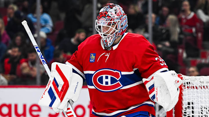 Apr 16, 2025; Montreal, Quebec, CAN; Montreal Canadiens goalie Sam Montembeault (35) looks on against the Carolina Hurricanes in the second period at Bell Centre. Mandatory Credit: David Kirouac-Imagn Images