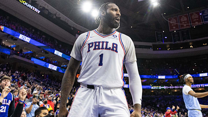 Jan 31, 2022; Philadelphia, Pennsylvania, USA; Philadelphia 76ers center Andre Drummond (1) reacts after a defensive stop against the Memphis Grizzlies during the fourth quarter at Wells Fargo Center. Mandatory Credit: Bill Streicher-Imagn Images