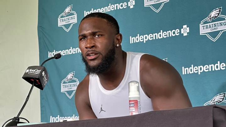 Eagles linebacker Devin White talks after Day 2 of training camp. Eagles linebacker Devin White talks after Day 2 of training camp.