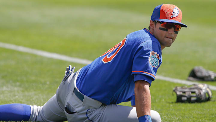 Mar 8, 2016; Lake Buena Vista, FL, USA; New York Mets relief pitcher Zach Thornton (80) stretches the first inning of a spring training baseball game against the Atlanta Braves at Champion Stadium. Mandatory Credit: Reinhold Matay-Imagn Images