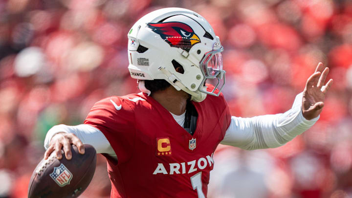 September 21, 2025; Santa Clara, California, USA; Arizona Cardinals quarterback Kyler Murray (1) during the first quarter against the San Francisco 49ers at Levi's Stadium. Mandatory Credit: Kyle Terada-Imagn Images