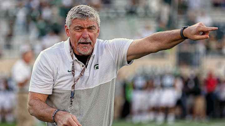 Aug 30, 2019; East Lansing, MI, USA; Michigan State Spartans head strength and conditioning coach Ken Mannie reacts prior to a game between the Michigan State Spartans and the Tulsa Golden Hurricane at Spartan Stadium. Mandatory Credit: Mike Carter-Imagn Images