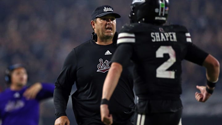 Mississippi State Bulldogs head coach Jeff Lebby reacts with quarterback Blake Shapen (2) after a touchdown during the fourth quarter against the Arizona State Sun Devils at Davis Wade Stadium at Scott Field. 