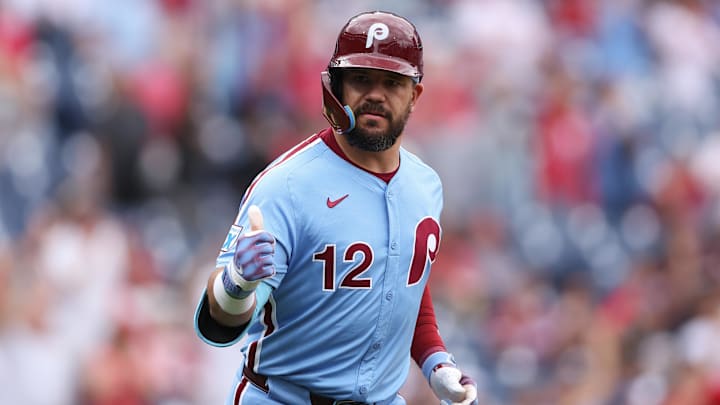 May 29, 2025; Philadelphia, Pennsylvania, USA; Philadelphia Phillies outfielder Kyle Schwarber (12) reacts after hitting a home run during the seventh inning against the Atlanta Braves at Citizens Bank Park. 