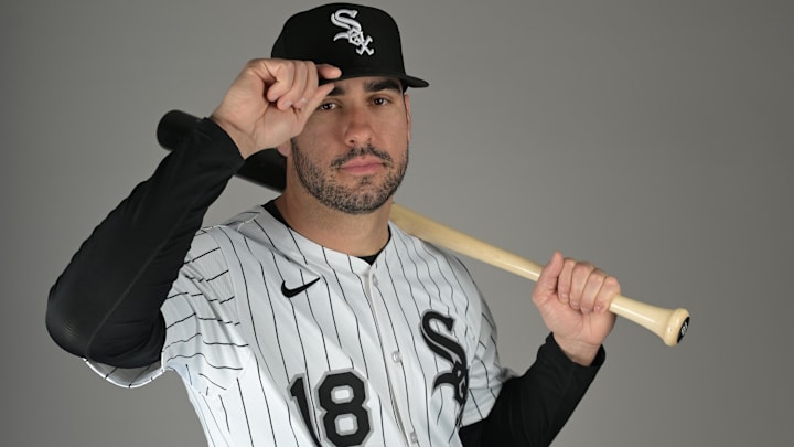 Chicago White Sox outfielder Mike Tauchman (18) poses for a photo on media day at the team’s spring training facility in Glendale, AZ.  