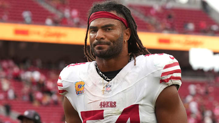 San Francisco 49ers middle linebacker Fred Warner (54) after the game against the Jacksonville Jaguars at Levi's Stadium. San Francisco 49ers middle linebacker Fred Warner (54) after the game against the Jacksonville Jaguars at Levi's Stadium.