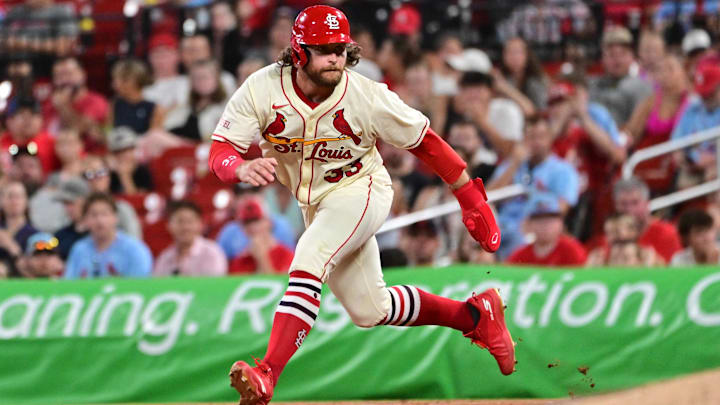 Jul 26, 2025; St. Louis, Missouri, USA;  St. Louis Cardinals second baseman Brendan Donovan (33) takes a big leadoff from first base against the San Diego Padres at Busch Stadium. Mandatory Credit: Tim Vizer-Imagn Images