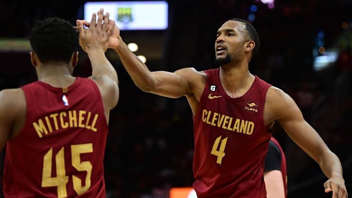 Apr 2, 2023; Cleveland, Ohio, USA; Cleveland Cavaliers forward Evan Mobley (4) celebrates with guard Donovan Mitchell (45) during the second half against the Indiana Pacers at Rocket Mortgage FieldHouse. Mandatory Credit: Ken Blaze-Imagn Images Apr 2, 2023; Cleveland, Ohio, USA; Cleveland Cavaliers forward Evan Mobley (4) celebrates with guard Donovan Mitchell (45) during the second half against the Indiana Pacers at Rocket Mortgage FieldHouse. Mandatory Credit: Ken Blaze-Imagn Images