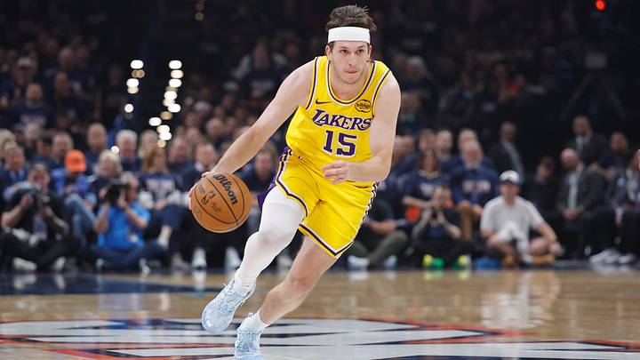 May 7, 2026; Oklahoma City, Oklahoma, USA; Los Angeles Lakers guard Austin Reaves (15) dribbles down the court against the Oklahoma City Thunder May 7, 2026; Oklahoma City, Oklahoma, USA; Los Angeles Lakers guard Austin Reaves (15) dribbles down the court against the Oklahoma City Thunder
