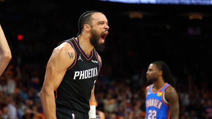 Apr 27, 2026; Phoenix, Arizona, USA; Phoenix Suns forward Dillon Brooks (3) celebrates a shot against the Oklahoma City Thunder in the second half during game four of the first round of the 2026 NBA Playoffs at Mortgage Matchup Center. Mandatory Credit: Mark J. Rebilas-Imagn Images