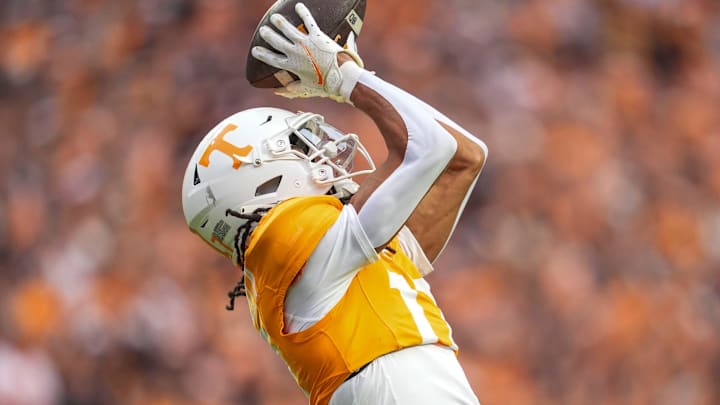 Tennessee wide receiver Chris Brazzell II (17) catches the ball in the end zone for a touchdown during a NCAA football game between Tennessee and Vanderbilt at Neyland Stadium in Knoxville, Tenn., on Nov. 29, 2025.