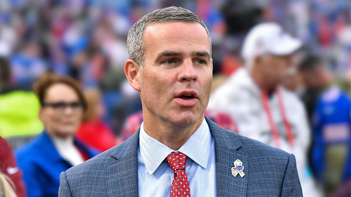 Buffalo Bills general manager Brandon Beane on the field before a game against the Kansas City Chiefs