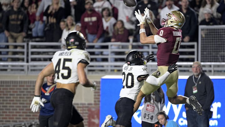 Nov 1, 2025; Tallahassee, Florida, USA; Florida State Seminoles wide receiver Duce Robinson (0) catches a pass during the second half against the Wake Forest Demon Deacons at Doak S. Campbell Stadium. Mandatory Credit: Melina Myers-Imagn Images