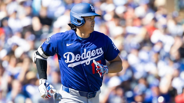 Feb 21, 2026; Tempe, Arizona, USA; Los Angeles Dodgers designated hitter Shohei Ohtani against the Los Angeles Angels during a spring training game at Tempe Diablo Stadium. Mandatory Credit: Mark J. Rebilas-Imagn Images