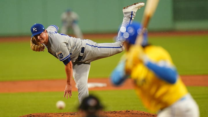 Aug 10, 2023; Boston, Massachusetts, USA; Kansas City Royals starting pitcher Austin Cox (53) throws a pitch against the Boston Red Sox in the first inning at Fenway Park.