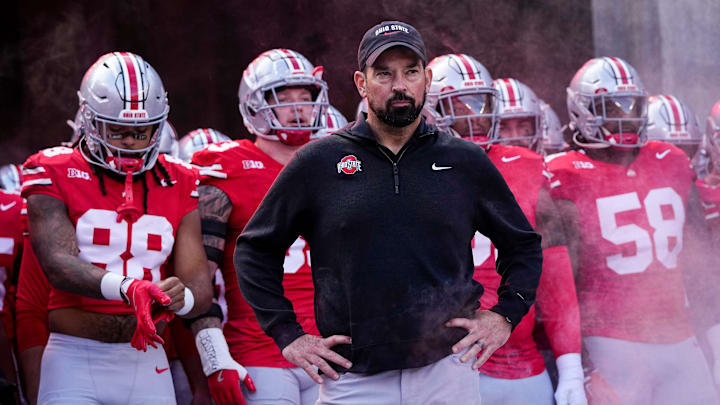 Ohio State Buckeyes head coach Ryan Day prepares to take the field prior to the NCAA football game against the Nebraska Cornhuskers at Ohio Stadium in Columbus on Saturday, Oct. 26, 2024. Ohio State Buckeyes head coach Ryan Day prepares to take the field prior to the NCAA football game against the Nebraska Cornhuskers at Ohio Stadium in Columbus on Saturday, Oct. 26, 2024.