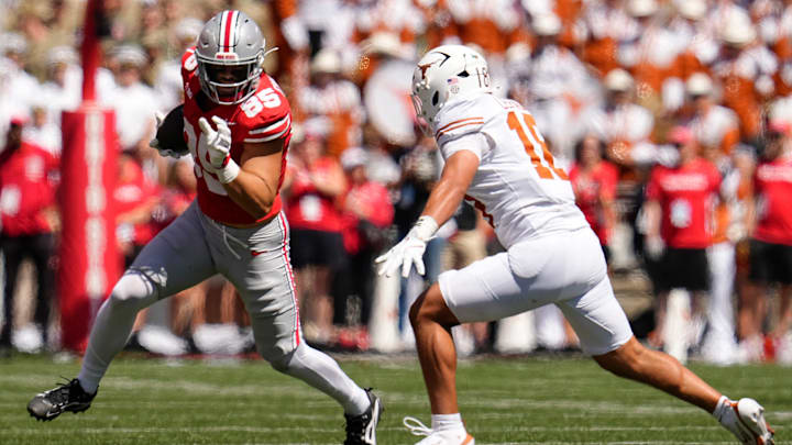 Ohio State Buckeyes tight end Bennett Christian (85) runs past Texas Longhorns linebacker Liona Lefau (18). Ohio State Buckeyes tight end Bennett Christian (85) runs past Texas Longhorns linebacker Liona Lefau (18).