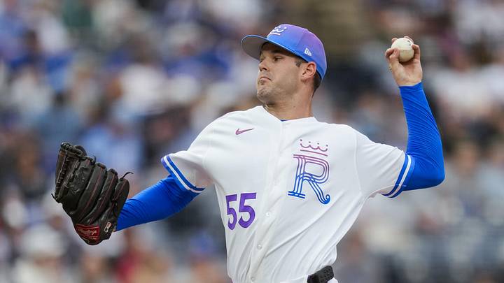 Apr 25, 2026; Kansas City, Missouri, USA; Kansas City Royals pitcher Cole Ragans (55) pitches during the first inning against the Los Angeles Angels at Kauffman Stadium. Mandatory Credit: Jay Biggerstaff-Imagn Images
