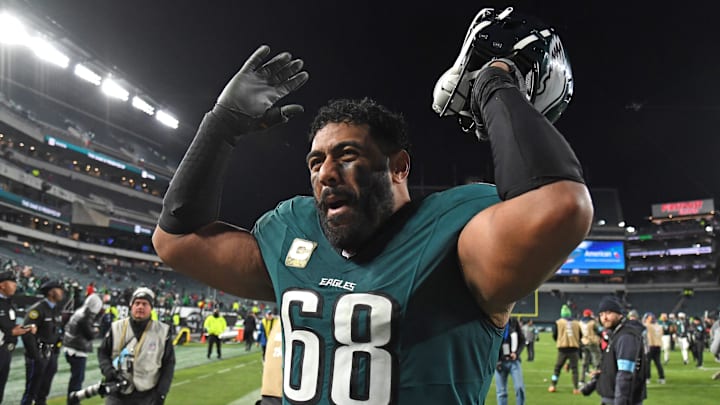 Nov 14, 2024; Philadelphia, Pennsylvania, USA; Philadelphia Eagles offensive tackle Jordan Mailata (68) walks off the field after win against the Washington Commanders at Lincoln Financial Field. Mandatory Credit: Eric Hartline-Imagn Images